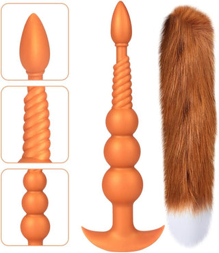 Anal Beads with Removable Foxtail Extra Long Fox Tail Anal Butt Plug Sex Toy Liquid Silicone Anal Plugs Anal Stimulator for Men Women Couples Cosplay Anal Trainer Erotic SM Sex Games (S)