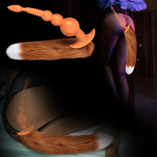 Anal Beads with Removable Foxtail Extra Long Fox Tail Anal Butt Plug Sex Toy Liquid Silicone Anal Plugs Anal Stimulator for Men Women Couples Cosplay Anal Trainer Erotic SM Sex Games (S)