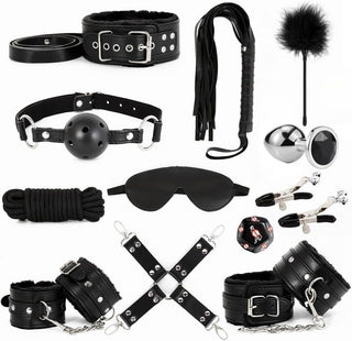 Sex Bondage Restraint Kits BDSM Toys 12 Pcs Handcuffs Ankle Cuffs Anal Plug Nipple Clamps Ball Gag Blindfold Rope Leather Restraints Set Adjustable for Adult Beginners (Pink)