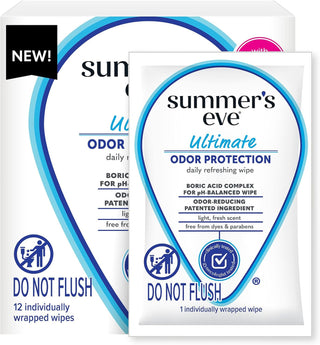 Summer'S Eve Ultimate Odor Protection Daily Feminine Wipes, Gentle Ph-Balanced Formula with Boric Acid Cleanses & Removes Vaginal Odor, Individually Wrapped Body Wipes, 12 Count