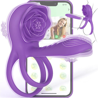 Vibrating Cock Ring Penis Sleeve with Rose Clitoral Stimulator, Penis Ring Vibrator Couples Adult Sex Toys for Men Women, Male Female Couple Sex Toy with G Spot Clitoris Vibrator