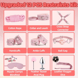 Sex Bondage Restraint Kits BDSM Toys 12 Pcs Handcuffs Ankle Cuffs Anal Plug Nipple Clamps Ball Gag Blindfold Rope Leather Restraints Set Adjustable for Adult Beginners (Pink)