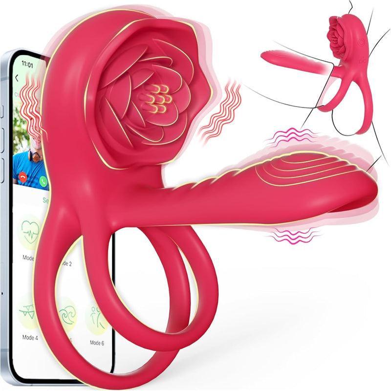 Vibrating Cock Ring Penis Sleeve with Rose Clitoral Stimulator, Penis Ring Vibrator Couples Adult Sex Toys for Men Women, Male Female Couple Sex Toy with G Spot Clitoris Vibrator