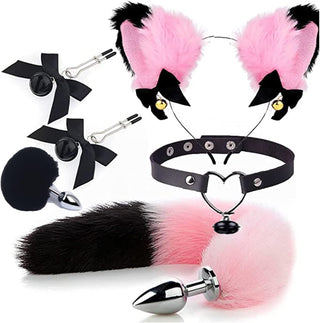 Anal Plug Butt Plug, 6Pcs/Set Sex Fox Tail Anales Plug Toys Butt Plugs with Cat Ears Headband and Necklace Metal Anal Sex Toys for Women Man Beginners Adult Couples