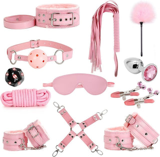 Sex Bondage Restraint Kits BDSM Toys 12 Pcs Handcuffs Ankle Cuffs Anal Plug Nipple Clamps Ball Gag Blindfold Rope Leather Restraints Set Adjustable for Adult Beginners (Pink)