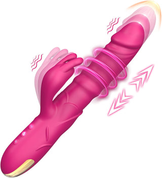 Thrusting Rabbit Vibrator, G Spot Clitoral Vibrator Waterproof & Rechargeable Realistic Silicone Dildo Vibrator with 3 Thrusting & 10 Vibrating Modes, Rose Sex Toys for Women