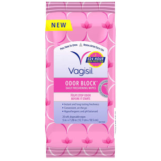 Vagisil Odor Block Daily Freshening Wipes for Feminine Hygiene in Resealable Pouch, Gynecologist Tested & Hypoallergenic, 20 Wipes (Pack of 3)