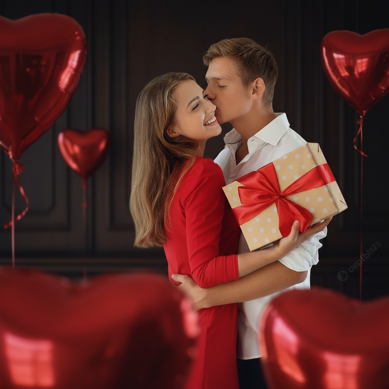 Romantic couple with gift - dark background
